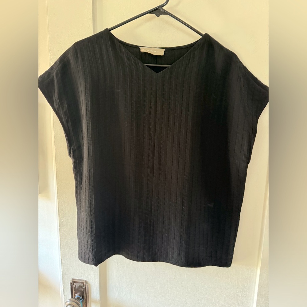 Everlane City Stripe V Neck Top Short Sleeve Pullover Black Shirt Size 8
